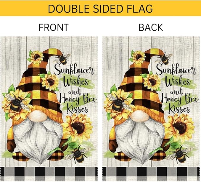 Spring Summer Buffalo Plaid Gnome garden flag Bee Sunflowers 12x18 inch Double Sided Small Burlap Home Outdoor Yard Lawn Patio Flags Decorations