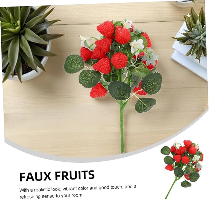 DECHOUS 2Pcs Fake Strawberry Flower Bouquet - Artificial Strawberry Branches Simulated Fruits Flower Arrangement for Home Restaurant Table Wedding Decor