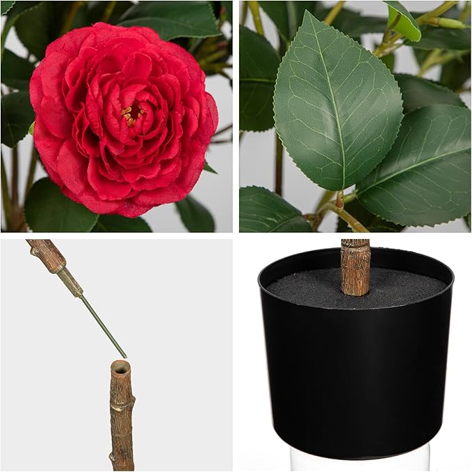 4ft Artificial Camellia Tree Fake Camellia Plant with Red Flowers Faux Floral Plant Blooming Tree in Black Pot for Indoor Outdoor Office Home Front Door Porch Decor (2 Pack - Red)