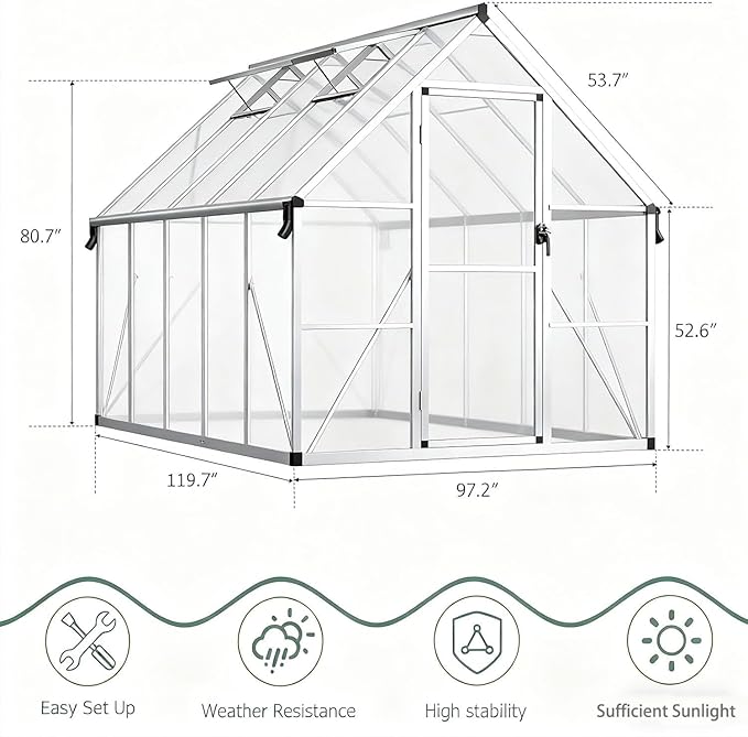 8x10 Ft Sturdy Greenhouse with Roof Vent, Polycarbonate Greenhouse with Lockable Door, Aluminum Large Walk-in Green House for Outside Garden Backyard, Patio, Lawn, and Garden