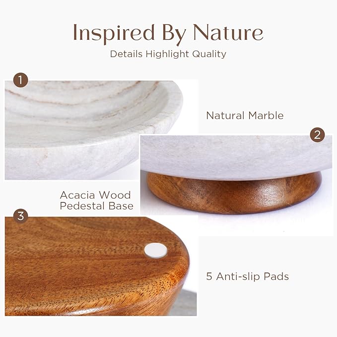 SAMAH Gray Marble Fruit Bowl with Acacia Wood Pedestal, Large Decorative Footed Bowl, Natural Stone Centerpiece for Kitchen Counter, Entryway, Keys, Dining Table, House Warming Gifts New Home(11Inch)