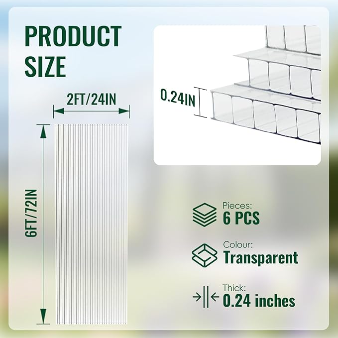 6 Pcs Polycarbonate Greenhouse Panels, 6'FT x 2'FT x 0.24" in Twin-Wall Polycarbonate Sheet, All-Season UV Protected Plastic Roof Sheeting for Greenhouse Covering/Outdoor Garden