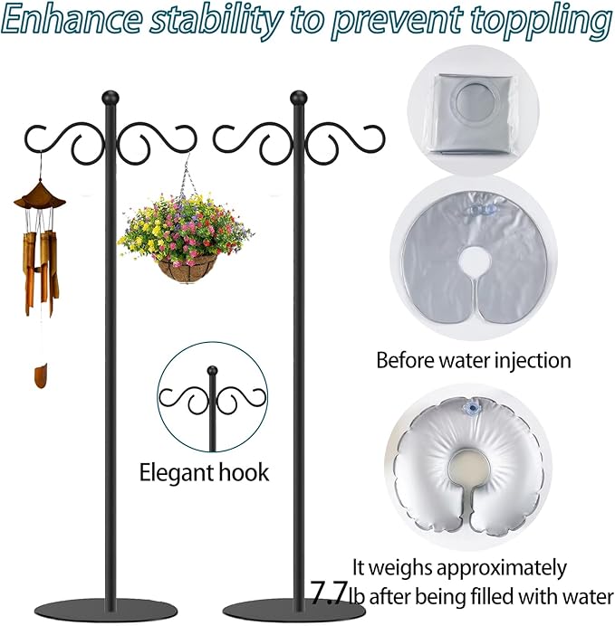 Vorriop 2 Set Shepherd's Hook Stand Plant，Bird Feeder，Wind Chime Hanger Stand, Waterproof Metal & Adjustable-Height Standing Pole Holder for Lantern and Wreath, Indoor & Outdoor