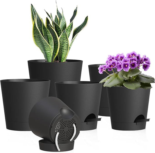 WSMKSZ 7/6.5/6/5.5/5/4 inch Self Watering Pots for Indoor Outdoor Plants, 6 Pack Plastic Flower Planters with Drainage Holes and Removable Saucers, Plant Pots with Wicking Rope, Modern Decor, Black