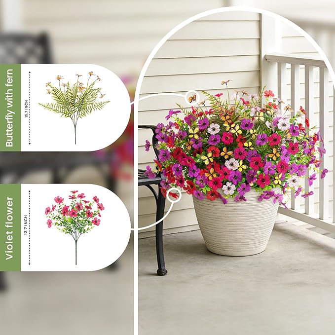 Artificial Fake Flowers for Outdoor Porch Planters Boxes Decoration,12 Bundles Outdoor Faux Fern Plants with Butterfly,UV Resistant Greenery Yard Patio Garden Decor