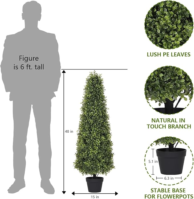 Azoco 4ft Artificial Boxwood Topiary Trees (Set of 2) - UV Resistant Faux Plants Outdoor, Realistic 48in Fake Potted Bushes and Shrubs for Front Porch, Planter, Patio - Low Maintenance & Evergreen