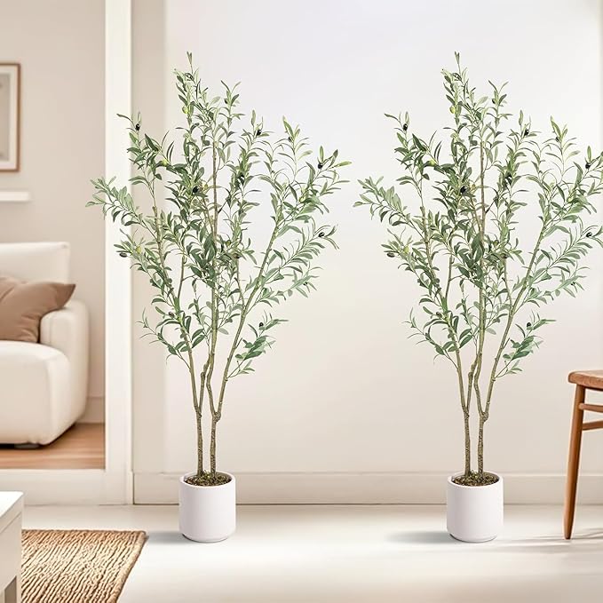 Artificial Fake Olive Tree 5FT Tall 2Pack with White Planter Faux Silk Olive Tree for Home Living Room Office Decor Faux Artificial Plants Indoor with Fruit & Free Moss
