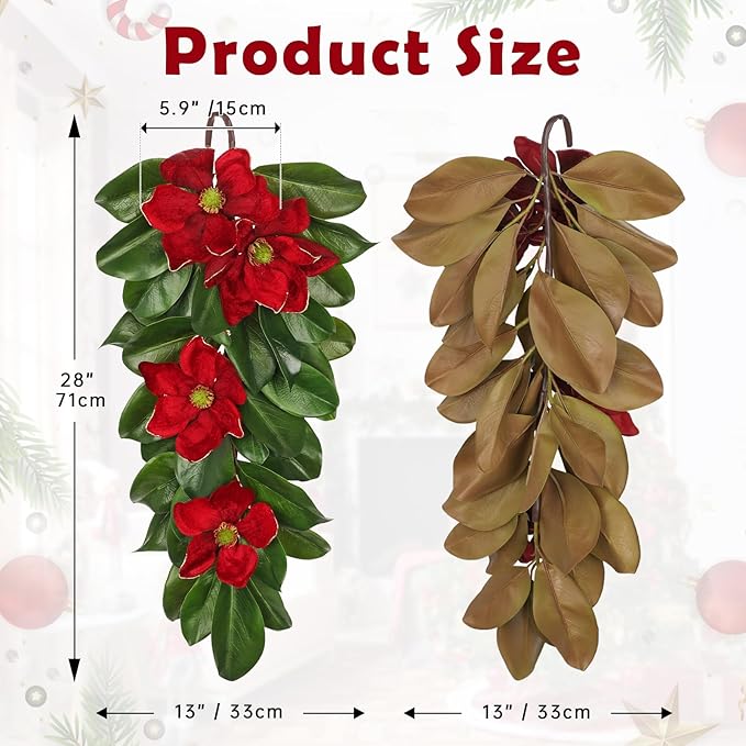 Christmas Poinsettia Teardrop Swag – 28" Artificial Magnolia Leaf Hanging Door Decoration – Holiday Front Door, Fireplace & Stairway Décor for Wedding Christmas Thanksgiving