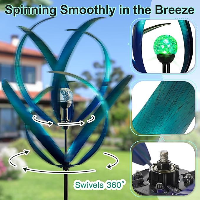 Lariander Outdoor Wind Spinners with Solar Light, 82'' Metal Large Spinner Yard Art, Peacock Blue Wind Sculptures for Garden Lawn Patio, Gifts for Family