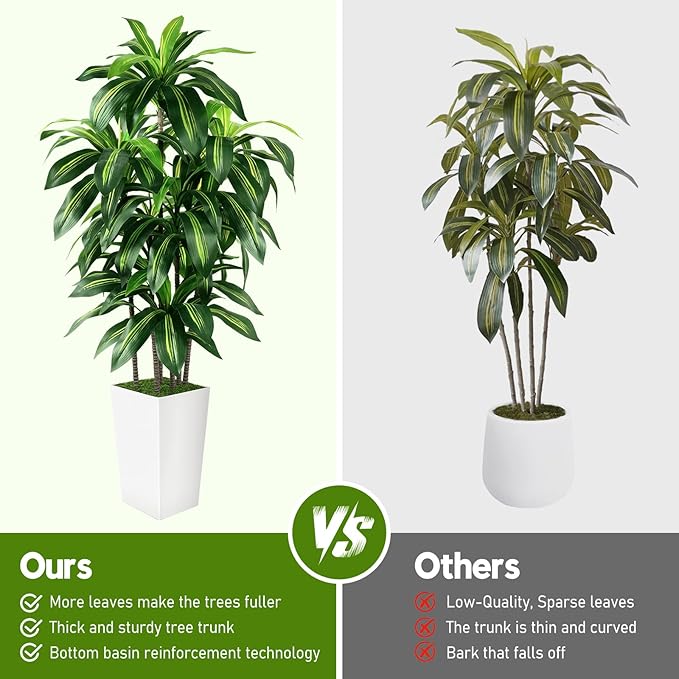 Artificial Dracaena Tree Indoor, 6FT Tall Fake Tree with White Tall Planter, Artificial Trees Fake Yucca Potted Tree for Home Office Living Room Decor, Tall Artificial Plant for Housewarming