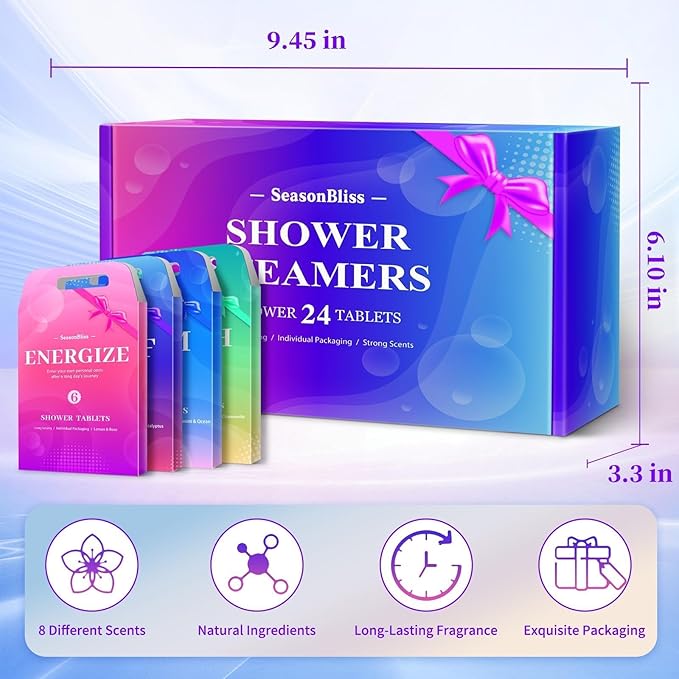 SeasonBliss Shower Steamers 24 Pack, Shower Tablets, Natural Ingredients, 8 Different Scents, Individually Wrapped Shower Steamer, Christmas Presents for Mom, Friends