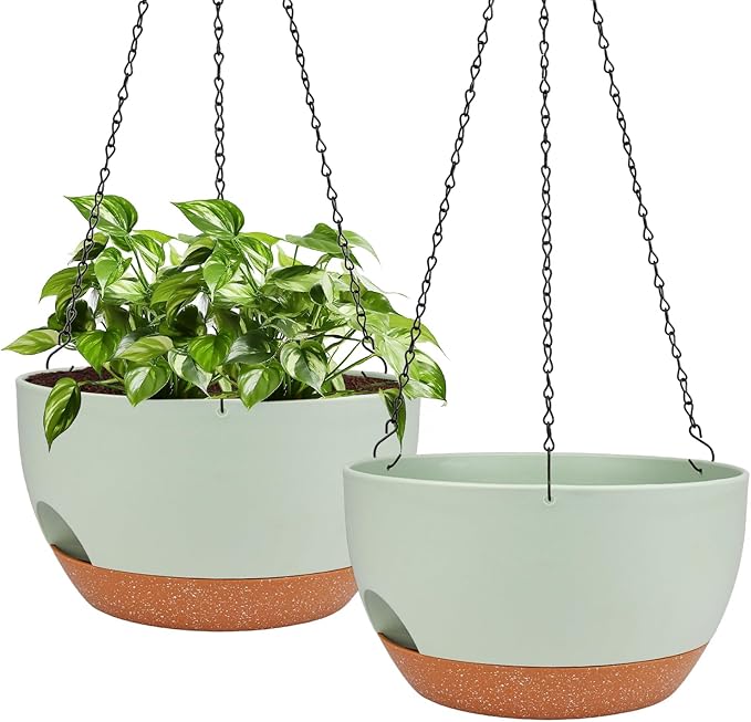 Lucieblessdesign Hanging Planters for Outdoor Indoor Plants, 2 Pack 12 Inch Hanging Basket Plants Outdoor, Self Watering Hanging Planter with Plant Hanger for Garden Home Decoration (Green)