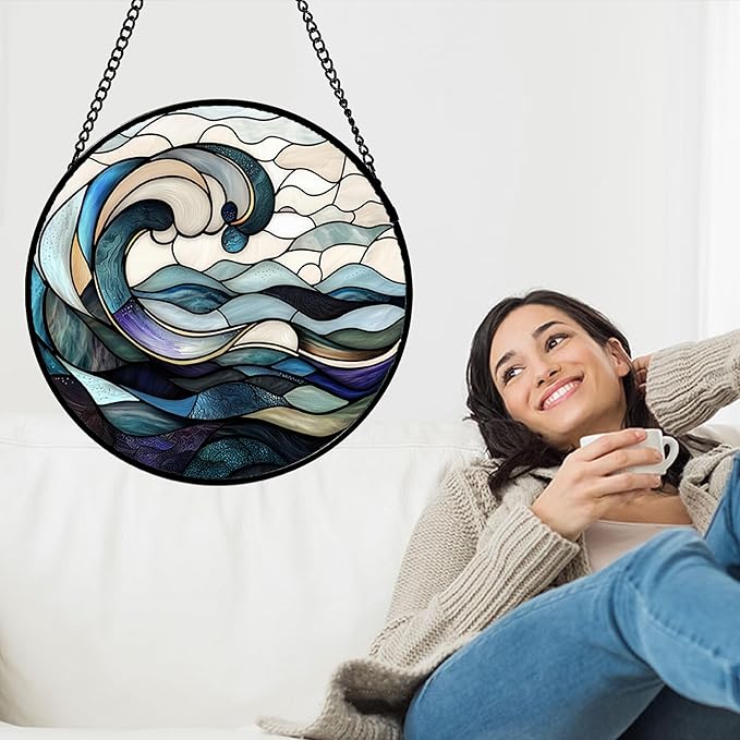 DASTOLL Stained Glass Window Hanging, Ocean Waves Sun Catchers Diamond Glass Panel Hangings Abstract Suncatcher Decor for Birthday for Women, Men, Wife, Aunt, and Mom 14.9x14.9 in
