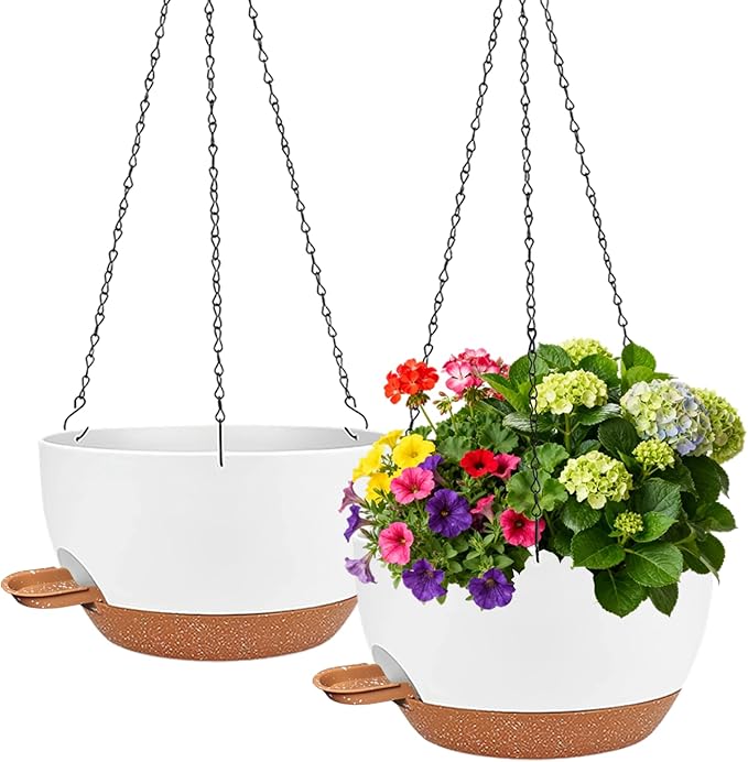 CNLBO 12 Inch Self Watering Hanging Planter for Indoor Outdoor Plants, 2 Pack Hanging Flower Pots with Drainage Holes and Saucers, Plastic Hanging Baskets for Kitchen, Balcony, Garden Decoration