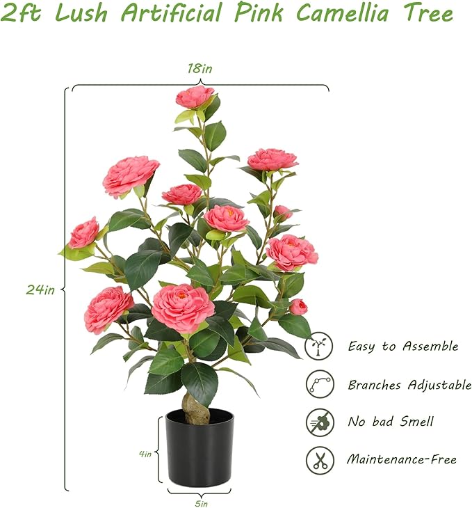 Nafresh 2FT Lush Artificial Pink Camellia Tree Outdoor 2 Pack, 24inch Faux Camellia Plant, Fake Camellia Flowers Tree for Indoor Outdoor Living Room Home Patio Front Door Garden Decor