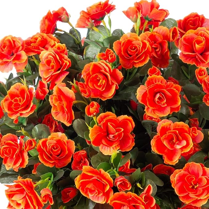 Artificial Faux Flowers Plants for Spring Outdoor Outside Decor, Fake Silk Orange Camellia UV Resistant Look Real for Autumn Planter Porch Patio Balcony Garden Yard Decoration, 3 Large Bundles