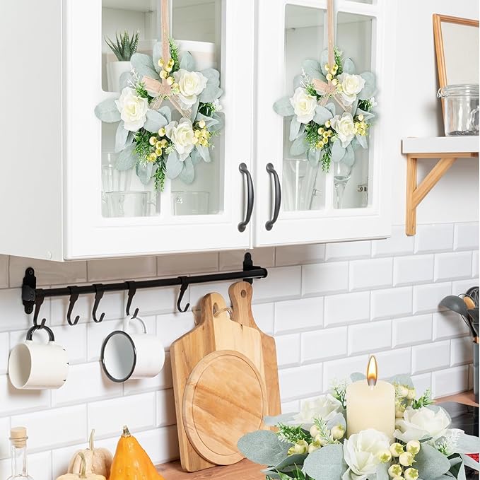 6 Pcs Wedding Rose Candle Rings Swag Wreath Artificial Floral Wreaths with Lamb Leaf Flower Candle Rings Candleholders Garland for Pillar Centerpiece Party Table Wall Window Farmhouse Decor