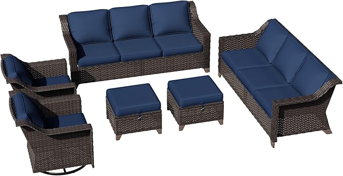 6 Pieces Patio Conversation Furniture Set - 2 Sofas, 2 Swivel Chairs, 2 Ottomansm, Outdoor Wicker Furniture with Removable Cushions for Porch, Balcony, Sunroom (Blue)