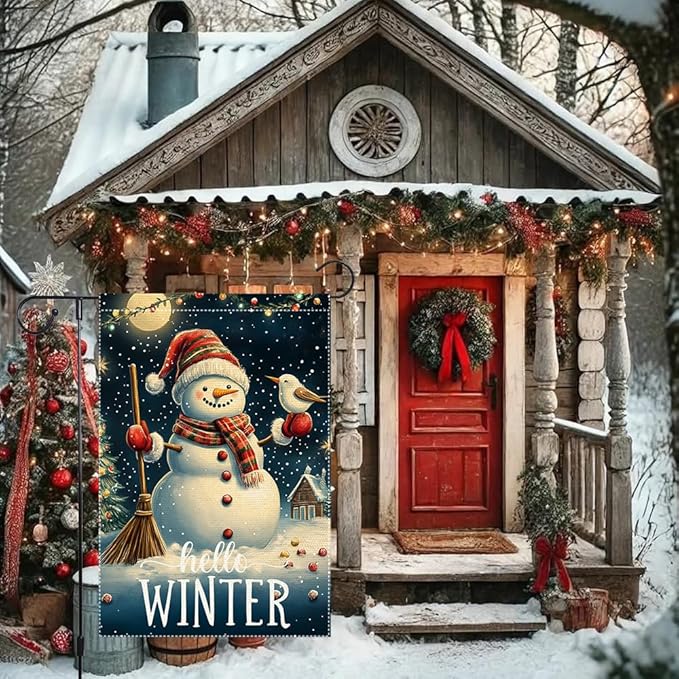 Hello Winter Garden Flag 12x18 Inch Double Sided Burlap Snowman Outdoor Yard Flag Holiday Christmas House Flag Seasonal Winter Welcome Banner Small Cute Lawn Porch Decoration
