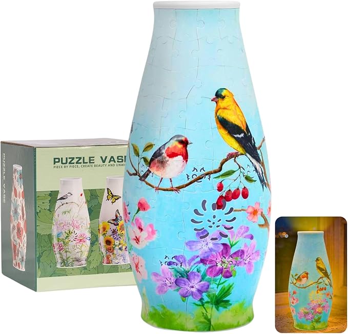 MYLARREN 3D Puzzle Vase for Adults & Kids, 152 Pcs 3D Puzzle Planter Vases for Flowers, Arts and Crafts for Kids 4-6, Adults, Girls, Cute Unique Flower Vases with Night Light(Bird)