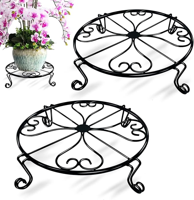 NSYOOMH 2 packs 12" Black Metal Plant Stands Heavy Duty Plants Holder Outdoor Indoor, Round Wrought Iron Sturdy Flower Planter Pot Stand, Corner Gardening Inside Potted Plant Risers - 12Inches