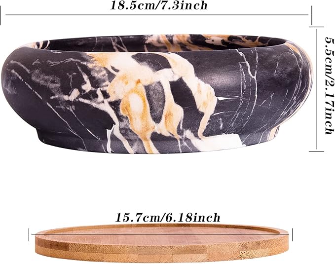 ARTKETTY Succulent Pots - 7.3 Inch Ceramic Bonsai Pots with Trays Set of 2, Large Succulent Plant Pots with Drainage Shallow Planters for Indoor Plants Marble Cactus Flower Plant Container Bowl