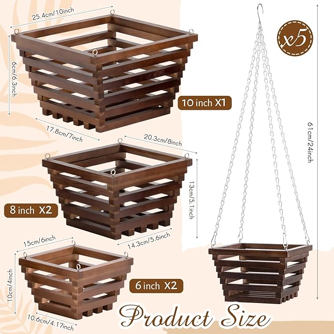 5 Pcs Wooden Orchid Hanging Basket with Hangers Pine Rustic Vanda Baskets Square Handmade Orchid Pots for Indoors Outdoors Garden Staghorn Ferns Mount Plants Flowers (6inch,8inch,10inch)