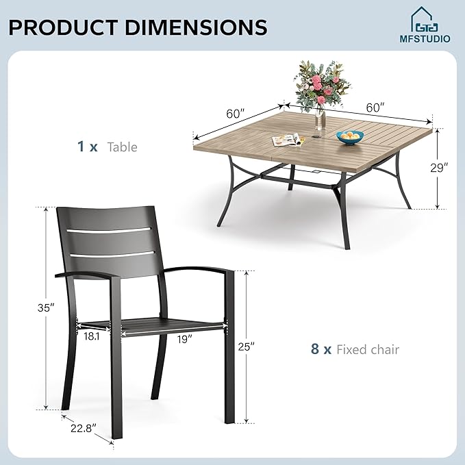 MFSTUDIO Patio Dining Set for 8, Metal Patio Table and Chairs Set, 9 Piece Outdoor Furniture Dining Set for Deck Backyard Garden