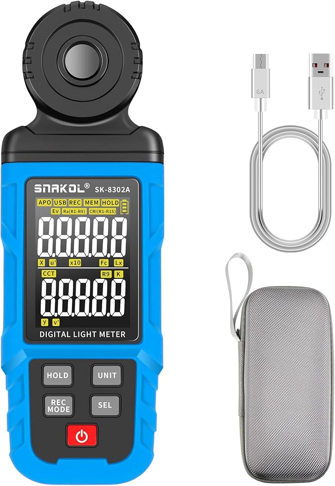SNAKOL Spectral Illuminance Meter SK-8302A Light Meter, Lux Meter, CCT,RA,CRI,R9,Range up to 200,000 Lux 2500K-15000K, Color Coordinate,Data Storage, USB Charger, PC Software,Lighting Testing Tool