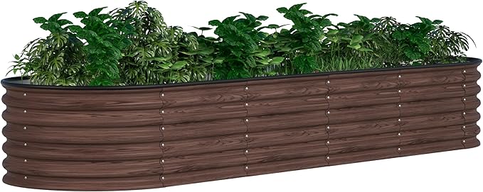 BlueWish 8x2x1.4FT Metal Galvanized Raised Garden Bed, 17’’H Wood Grain Raised Garden Bed, 9 in 1 Modular Planter Box Raised Bed for Gardening Plants Flowers, Rustic