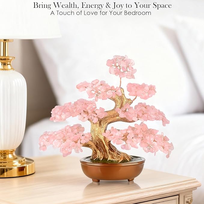 MASGEMES Rose Quartz Crystal Tree Bonsai, Handmade (360 Large Beads) Gemstone Tree of Life Gift for Women Chakra Energy for Home Decor, Office Decor,Healing Crystal Money Tree 8''