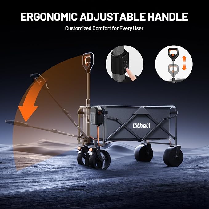 Litheli Electric Collapsible Wagon Cart with Brakes, 100L Grocery Cart with Wheels,Easy to Carry Folding Wagon for Camping, Gardening, Shopping