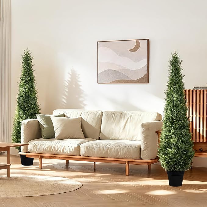 Artificial Trees for Outdoors, BUZIGUBY Artificial Cedar Topiary Trees, 5FT Topiary Trees Artificial Outdoors for Porch, Dense Arborvitae Tree for Front Door Patio Deck Balcony Yard Decor, 2 Pack