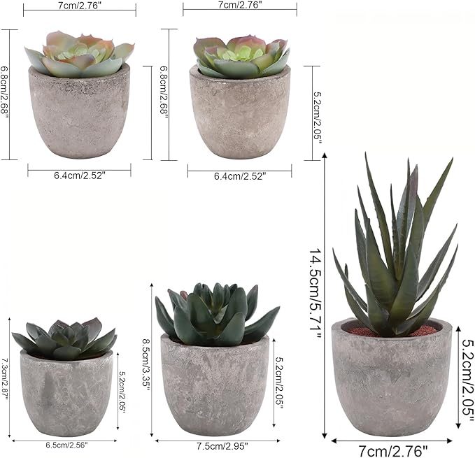 wiwauouo Set of 5 Artificial Succulent Plants in Pots - Lifelike Fake Succulents for Desk Decor, Low-Maintenance Home & Office Decor Gift