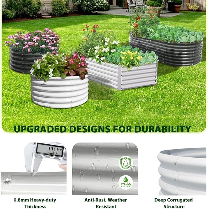 A ANLEOLIFE 7-Set 8X4X2 ft Galvanized Raised Garden Bed Kit, Oval Metal Deep Root Planters for Outdoor Plants, Antique White