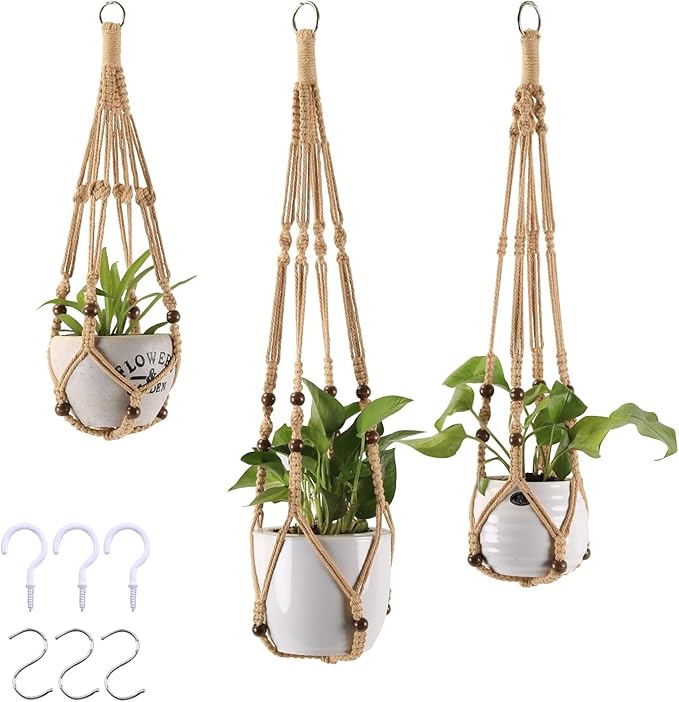 MKO SHUN 3-Pack Macrame Plant Hanger Indoor - Hanging Planter Basket for Indoor Outdoor - Decorative Boho Plant Holders Set with Beads - Ceiling Flower Pot Holder with 6 Hooks - 35"/30"/24" Linen