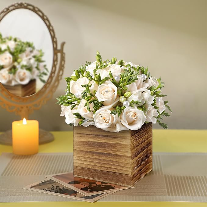 Suzile 12 Set 4 Inch Wooden Planter Box Flower Square vases for Centerpiece Rustic Cube Planter Box with Removable Foam Blocks Liner Square Vase Craft for Garden Home(Burn Wood Color)
