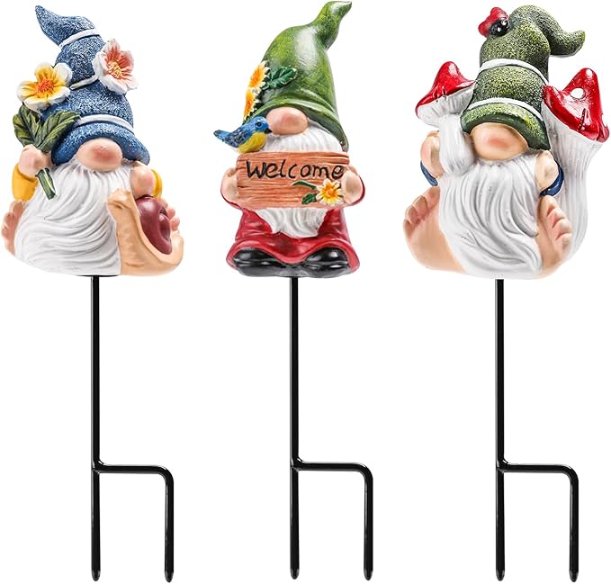 Garden Gnome Statue, Resin Miniature Gnome Set of 3PCS, Figurine with Garden Stakes for Lawn Patio Yard Outdoor Home Decor