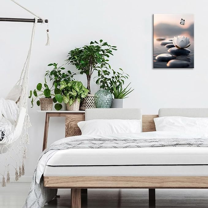 FUNHUA White Lotus Wall Art Canvas Flowers and Stones Spa Butterfly Painting Pictures for Yoga Room Spiritual Room Bathroom Zen Spa Photo Decor Framed Ready to Hang 12X16inches