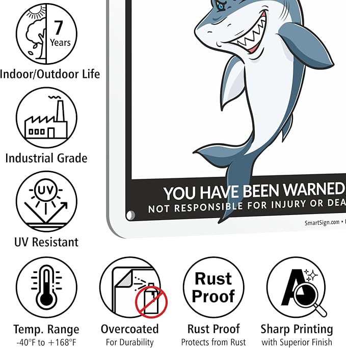 SmartSign Funny Beware Of Sharks Warning Sign - 10"x7", 40 mil Laminated Rust-free Aluminum - Metal Signs for Boys Room Wall Decor, Outdoors, Patio, Gifts, Cafe - Sharks Theme, Made in USA