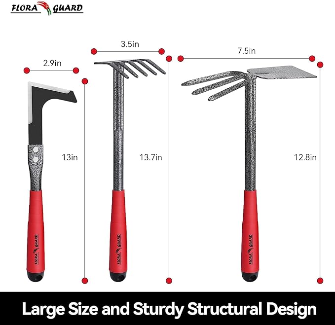 FLORA GUARD Garden Tool Set, 6-Piece Heavy Duty Gardening Hand Tools with Soft Rubber Handle, Includes Trowel, Rake, 2-in-1 Hoe & Crack Weeder, Durable Yard Tools, Christmas Garden Gift for Men Women