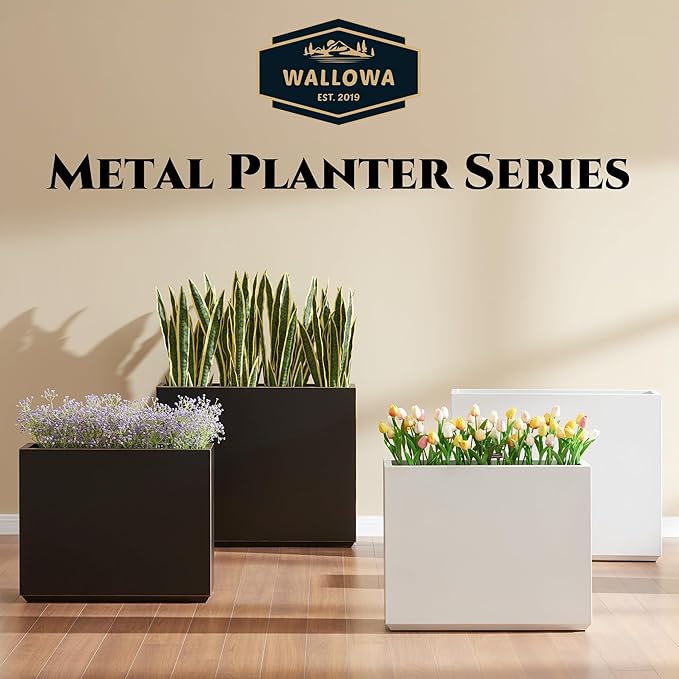 Wallowa Metallic Heavy Outdoor Planter Box, Span Planter, Long and Tall Divider, 30Lx10Wx24H, Black with Gold Rim, 30.8 Pounds