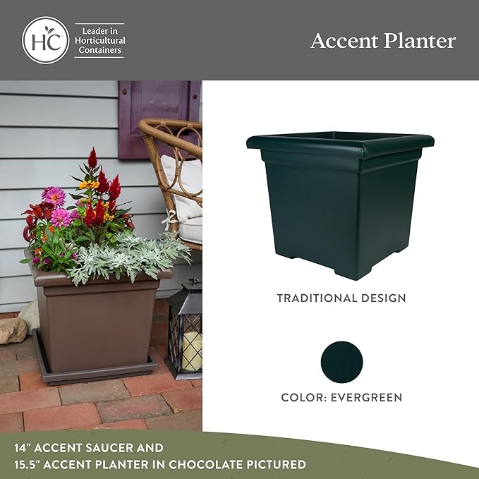The HC Companies 12.5 Inch Accent Square Plant Pots with Drainage, Lightweight UV-Resistant Plastic Planters for Indoor & Outdoor Plants, 2-Pack Flower Pots for Garden, Office & Home Decor, Evergreen