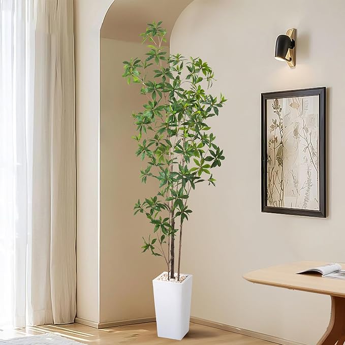 HAIHONG Artificial Brave Ficus Tree 7FT-Faux Tree with White Tall Planter-Fake Potted Tree with Silk Leaves-Tall Artificial Plants for Home Office Living Room Hallway Decor Indoor