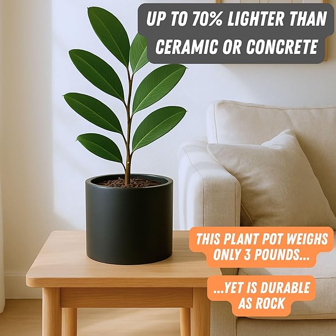 Fox & Fern 8 Inch Black Plant Pot with Drainage Plug — Premium Lightweight Fiberstone Matte Black Planter - 8 Inch Pots for Plants - for Indoor & Outdoor Use - Weather Resistant & UV Resistant