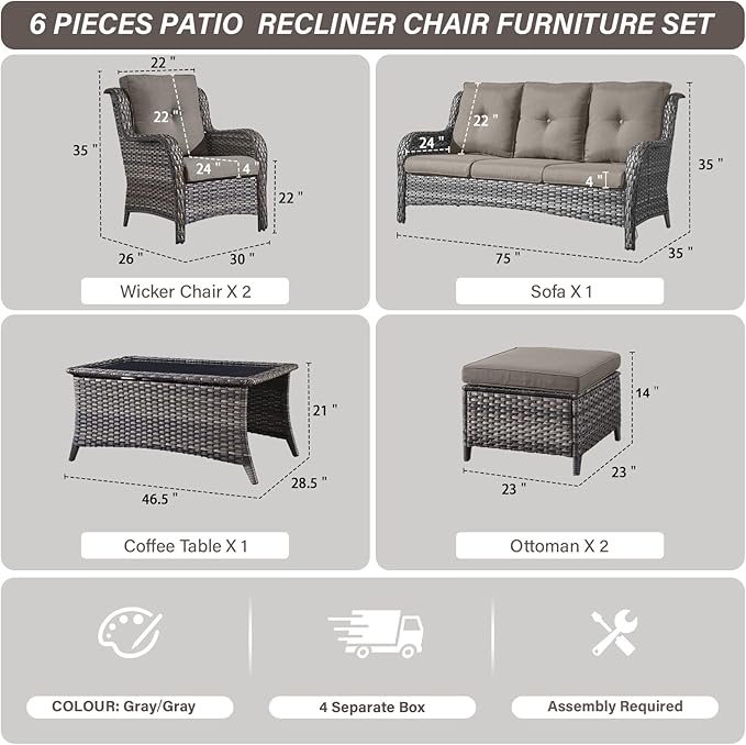 Belord Patio Wicker Sofa Set 6 Pieces Patio Furniture Set Outdoor Couch, 2 Patio Wicker Chairs with 1 Sofa, Coffee Table and Ottomans, Patio Conversation Set for Porch Garden Deck Balcony Poolside