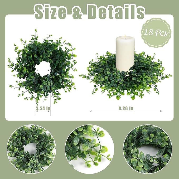 18 Pcs Mini Green Boxwood Candle Rings Wreaths Spring Summer Kitchen Cabinet Swags Wreath 3 Inch Wedding Rings Wreaths Pillar Candle Holder for Wedding Home Door Tabletop Decor