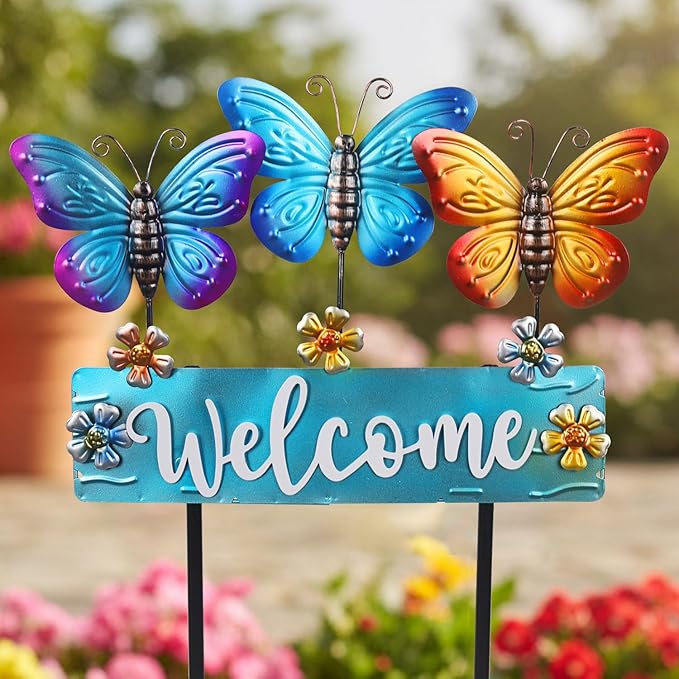 Large Butterfly Garden Stakes 42.1inch with Welcome Sign and Flowers, Butterfly Garden Decor Metal Yard Art for Spring, Lawn Ornaments, Pathway, Outdoor Summer Decorations