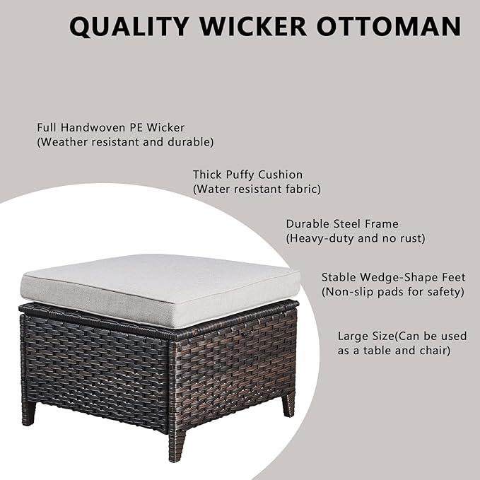 Rilyson Wicker Outdoor Patio Furniture Set - 5 Piece Patio Conversation Sets with Swivel Rocker Chairs, Ottomans and Sofa, Thick Cushions, Waterproof Wicker, for Porch Deck Brown/Beige
