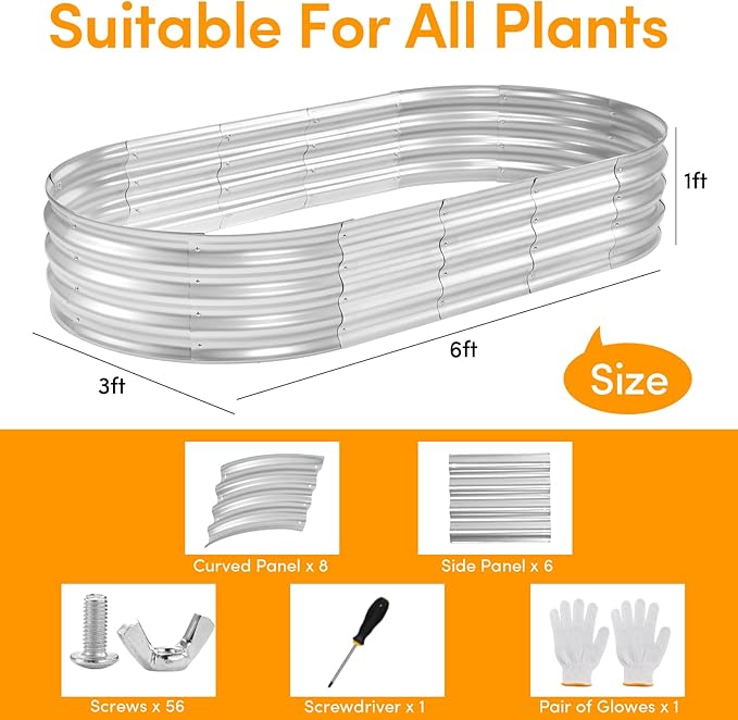 6x3x1FT(2 Pack) Galvanized Planter Raised Beds, Outdoor Metal Raised Garden Bed for Vegetables, Herbs, Flowers (Silver, 6×3×1FT (2-Pack)